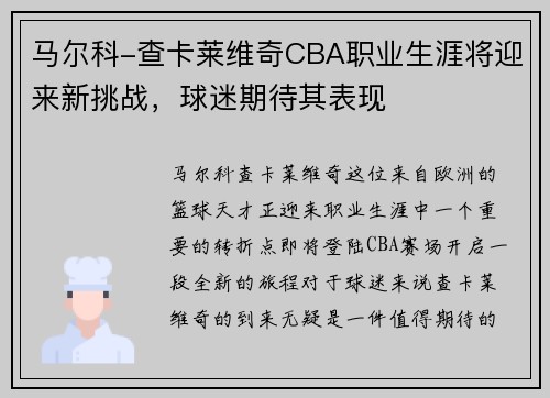 马尔科-查卡莱维奇CBA职业生涯将迎来新挑战，球迷期待其表现